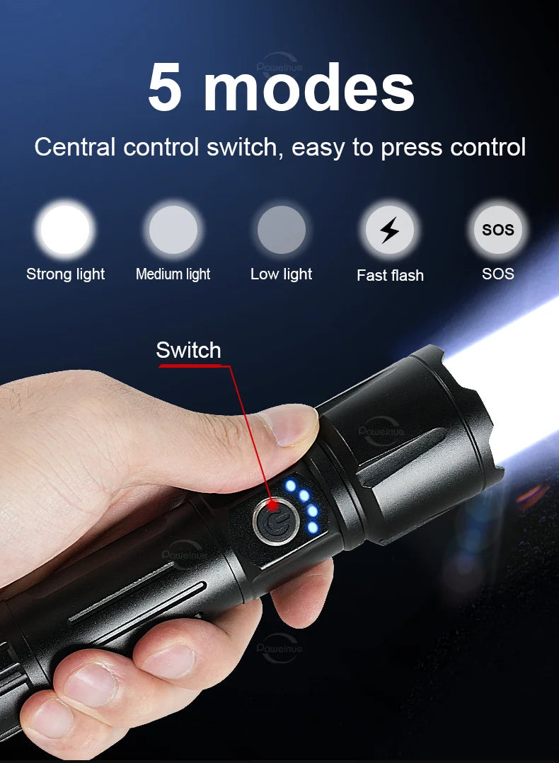 Most Powerful Torch 100000Lumens Zoom Long Range 3000m Rechargeable LED Flashlight Super Strong Hunting Camping Tactical Lamp