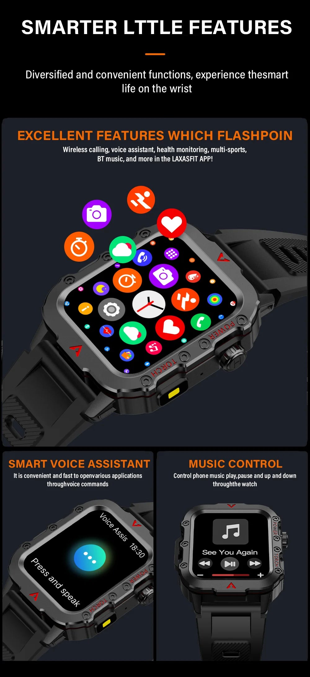 LAXASFIT Men Sports Smart Watch 1.71 Screen Blood Oxygen Bluetooth Talking Watch Multi Sport LED Flashlight Outdoor Smart Watch