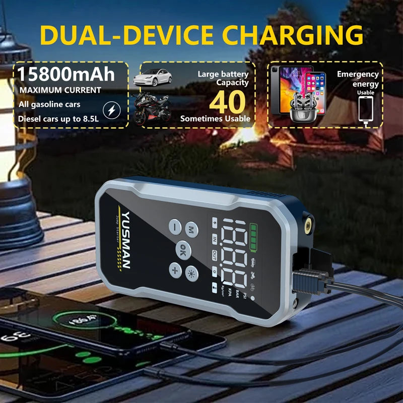 YUSMAN Car Jump Starter 150PSI Pump Air Compressor 21800mAh Power Bank 5000A Starting Device 12V Digital Tire Inflator