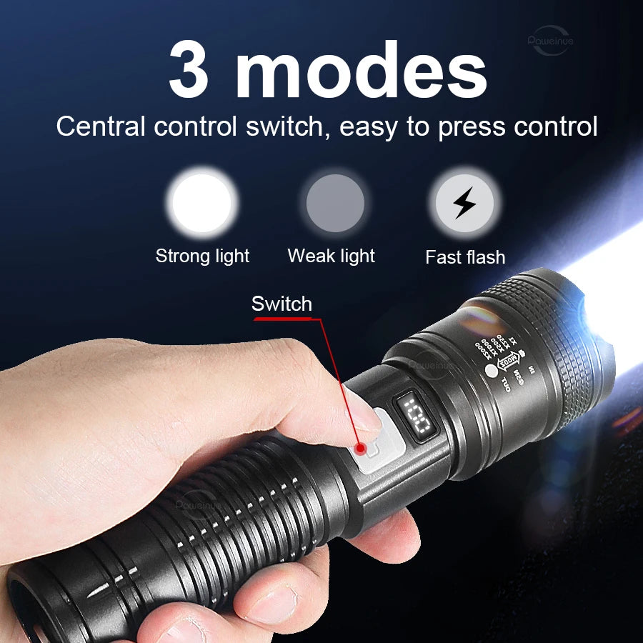 Most Powerful Torch 100000Lumens Zoom Long Range 3000m Rechargeable LED Flashlight Super Strong Hunting Camping Tactical Lamp