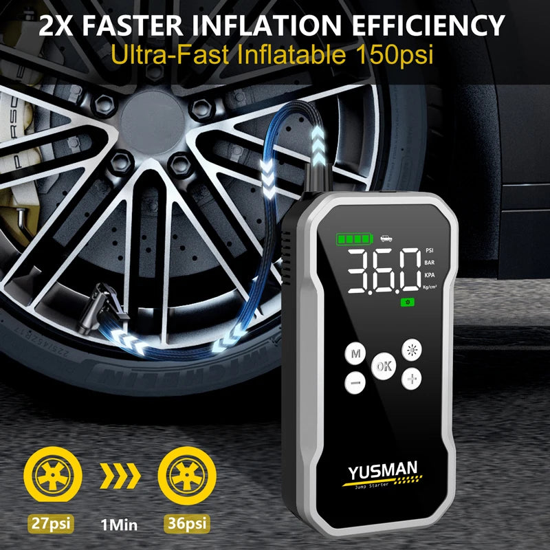 YUSMAN Car Jump Starter 150PSI Pump Air Compressor 21800mAh Power Bank 5000A Starting Device 12V Digital Tire Inflator